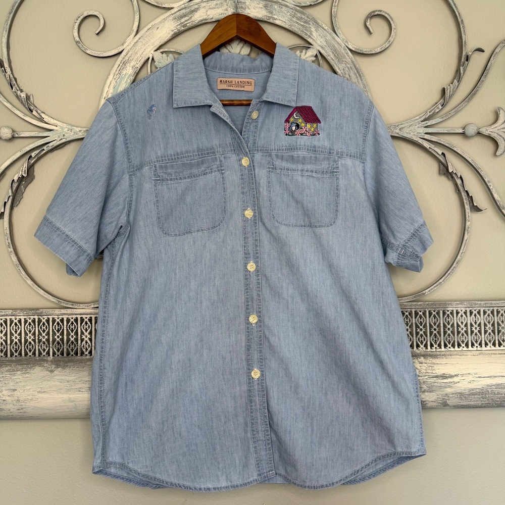 Marsh Landing Womens Blue Cotton Birdhouse Embroidered Short Sleeve‎ Shirt Large